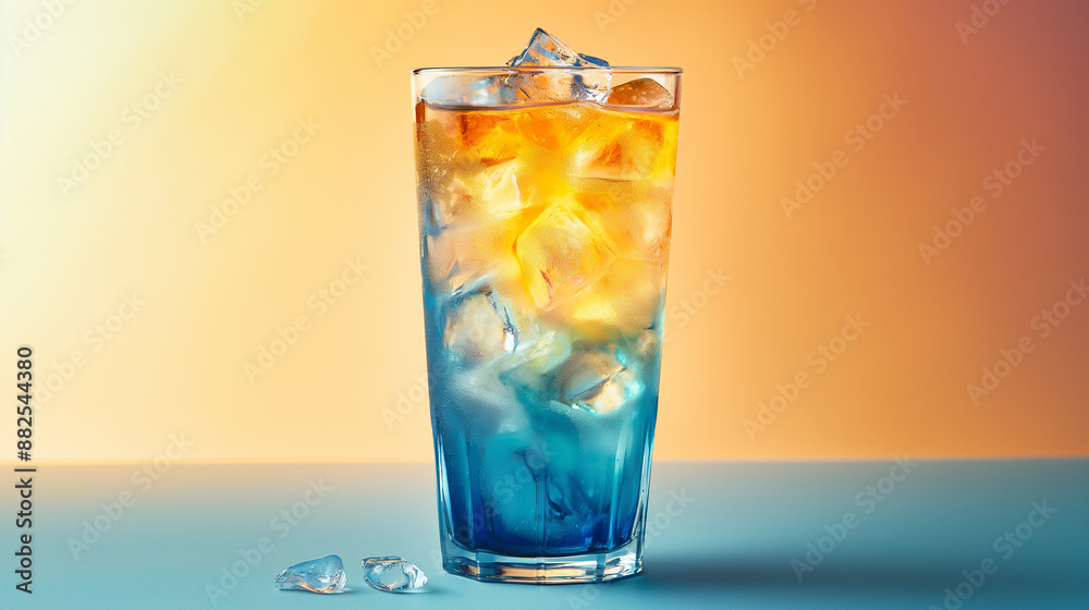 Poster refreshing two tone cocktail standing on table with ice cubes
