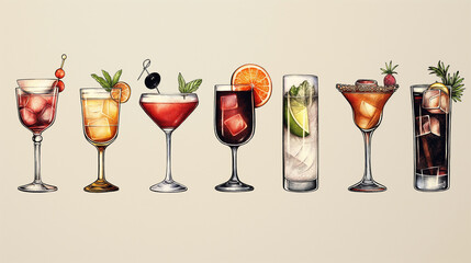 Watercolor painting featuring eight refreshing cocktails with garnishes