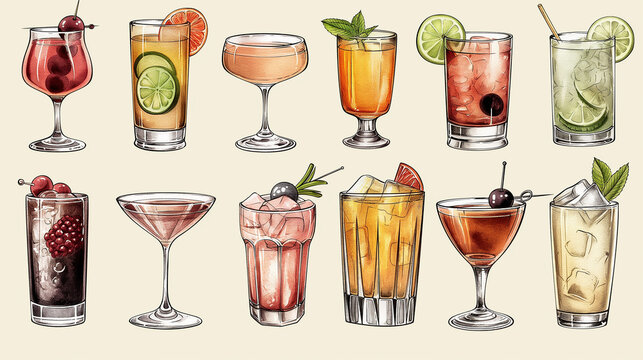 Illustration featuring twelve refreshing cocktails with garnish