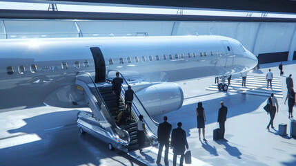 Fototapeta premium Passengers boarding a plane via an extended jet bridge, with airport staff assisting and ensuring smooth operations