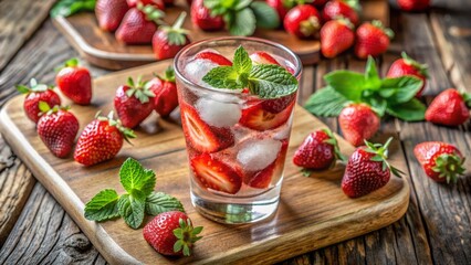 Fresh strawberries and mint infused refreshing summer drink with soda and ice cubes in a beautiful glass on wooden board.