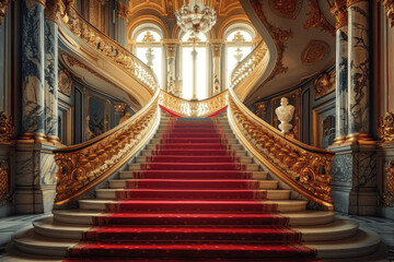 Red Carpeted Grand Staircase in Luxurious Royal Palace Interior