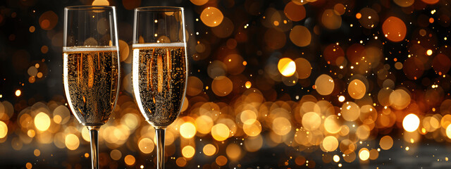Champagne glasses with gold bokeh lights background, New Year celebration banner, sparkling wine, holiday toast
