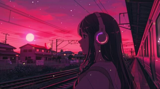 Sunset melodies: Girl with headphones enjoying music against a serene village landscape
 Seamless looping 4k time-lapse virtual video animation Generated AI