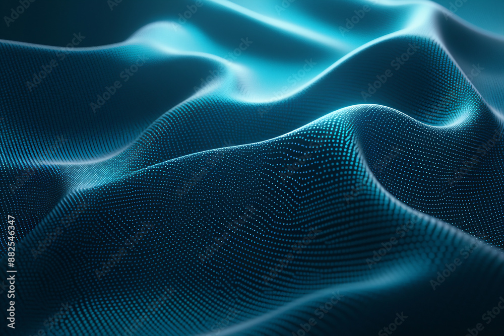 Wall mural abstract 3d teal blue flow wave on dark background. digital data structure. future mesh or soundgrid