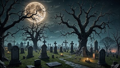 Depict a spooky graveyard at midnight, with tombstones, skeletons rising from graves, and a creepy, twisted tree under a full moon