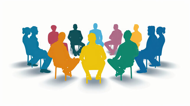 colorful silhouette Group therapy session. Different people sitting in circle and talking. Сoncept of group therapy, counseling, psychology, help, conversation.