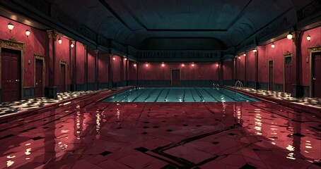 indoor spa resort bathhouse with hot tub and swimming pool in interior of palace mansion castle. wet stone tiles with greek baroque decor design and gothic style.