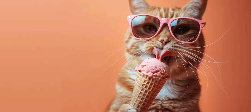 Cute Ginger Cat in Pink Sunglasses Eating Ice Cream Cone on Peach Background Summer Vacation Closeup Photography Banner