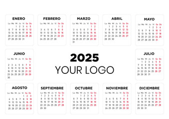 Calendar 2025, week starts on Monday. Spanish. Logo