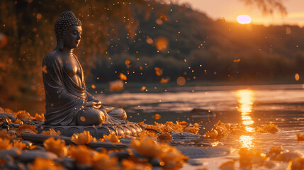 Obraz premium Buddha statue meditating by the river in nature during golden hour, symbolizing peace, spirituality, and meditation