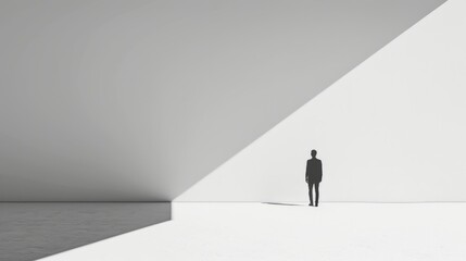 Elegant Minimalist Composition with a Lone Silhouette Cast in Dramatic Light and Shadow on a White Background