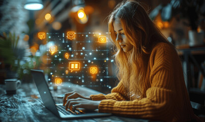 Fototapeta premium Business Woman Using Laptop to Engage with Chat Bot for Customer Support and Virtual Assistance via Online CRM Technology
