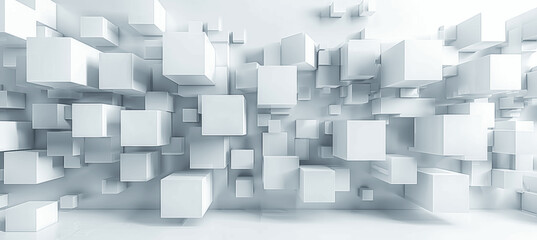 Abstract White Geometric 3D Wall with Cubes and Squares, Minimalist Futuristic Design Illustration, Texture Wallpaper