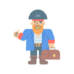 Pirate shows thumbs up holding suitcase and smiling