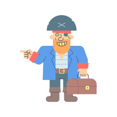 Pirate points finger holding suitcase and smiling