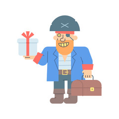Pirate three quarters holding gift box holding suitcase and smiling
