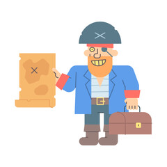Pirate three quarters holding map holding suitcase and smiling