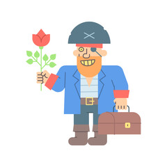 Pirate three quarters holding flower holding suitcase and smiling