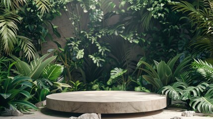Podium for product presentation. A large white square concrete platform in the middle of an dense forest, surrounded by trees and green grass.