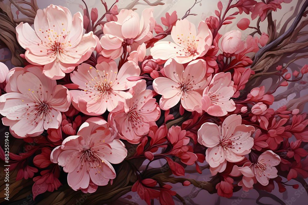 Poster Pink Cherry Blossom Illustration