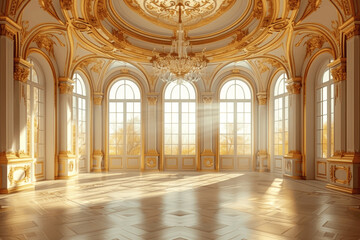 Obraz premium Elegant ballroom with chandelier, gold trim, arched doors, and sunlight shadows