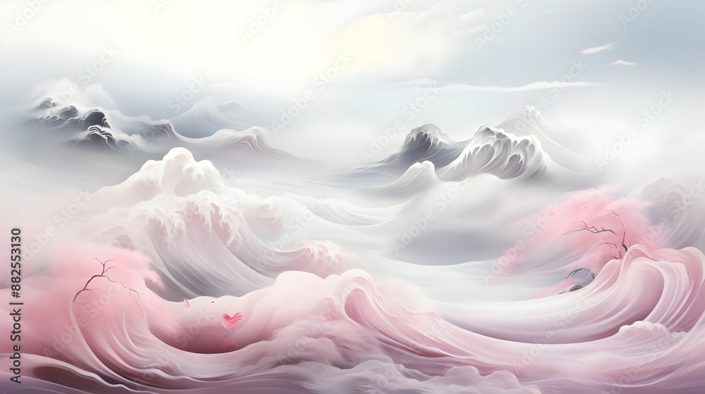 Poster Pink and Grey Abstract Landscape with Cherry Blossoms Illustration