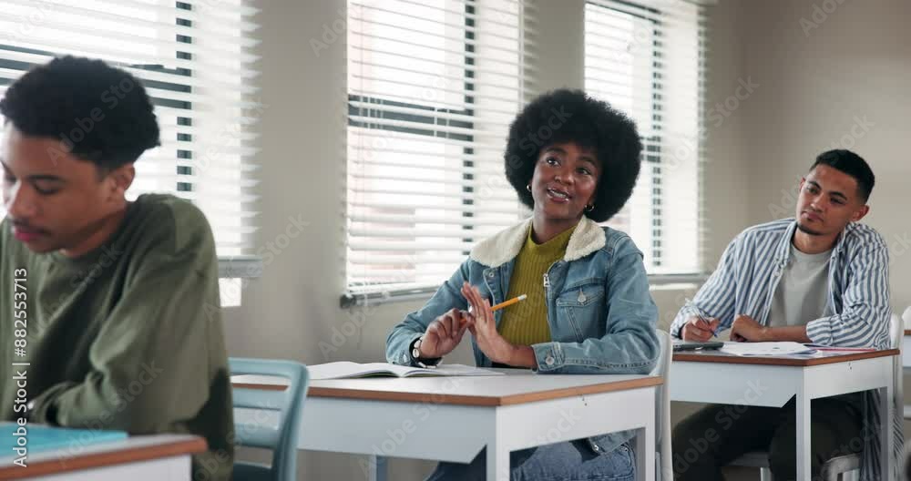 Poster Answer, school and question with girl student at desk of classroom for development, learning or study. Answer, smile and solution with African teen in class for academy, lecture or scholarship