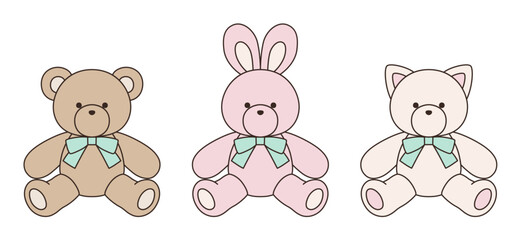 リボンをつけたかわいいくまとうさぎとねこのぬいぐるみのベクターイラストセット　アイコン　動物	