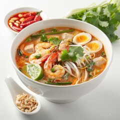 Authentic Thai Tom Yum Soup with Fresh Ingredients in White Bowl on Clean Background