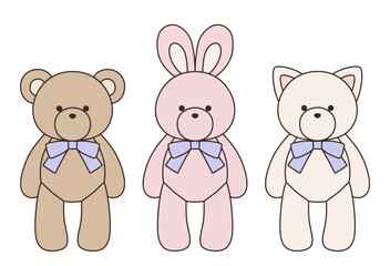 リボンをつけたかわいいくまとうさぎとねこのぬいぐるみのベクターイラストセット　アイコン　動物	