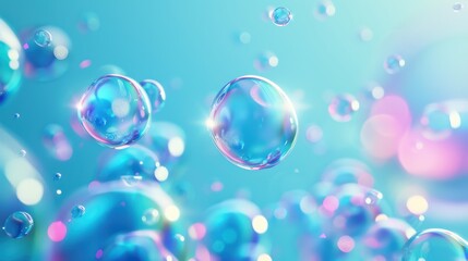 Colorful Soap Bubbles Floating Against a Bright Blue Background with Bokeh Effect