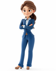 3d cartoon woman in blue suit presenting on white background smiling happy cheerful businesswoman showing standing gesticulating isolated © btiger