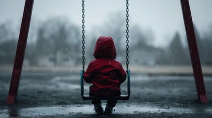Child in Red Raincoat Sitting on Swing in Rainy Playground with Overcast Sky