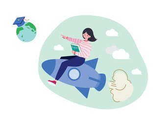 Fototapeta premium ロケットの乗って本を抱えながら指をさし留学に旅立つ日本人女性のイラスト ワーホリ フラット