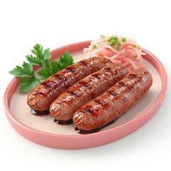 Grilled sausages, perfectly browned, served with a side of sauerkraut. Single Object, 3d Blender on white background