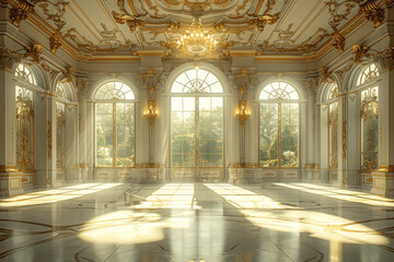 Fototapeta premium Luxurious Golden Ballroom with Elegant Chandelier and Large Windows