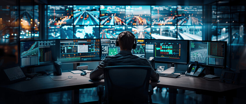 Futuristic control room with smart traffic management system and engineer monitoring advanced technology in high-tech urban environment