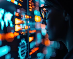 Woman analyzing data on computer screens. High-tech environment focusing on coding, cybersecurity, and digital information in a futuristic setting.