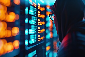 A person in a hoodie analyzing data on multiple screens in a dimly lit room, representing cybersecurity and data analysis.