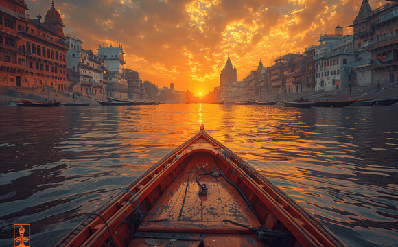 Varanasi Ancient Architecture and Boats on Ganga River at Sunset Travel Photography India