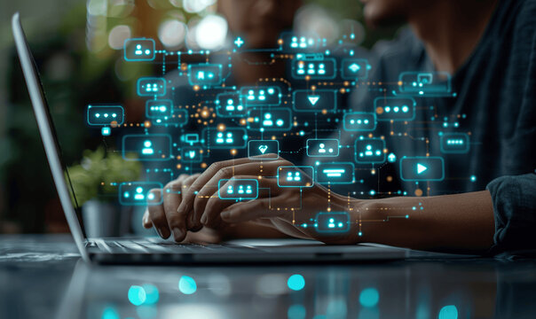 Typing on Laptop with Virtual Chat Bubbles Customer Support CRM Technology Online Conversation in Office Using App for Sales Service Automation