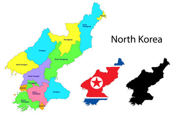 North Korea administrative divisions. North Korea flag and map illustration vector. 