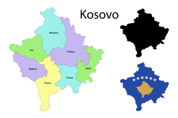 Obraz premium Kosovo administrative divisions. Kosovo flag and map illustration vector. Districts of Kosovo 
