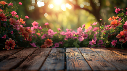 horizontal table with flower garden behind. 