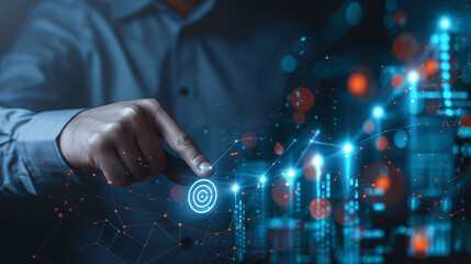 Businessman Touching Growth Graph on Virtual Screen Analyzing Financial Data for Investment and Revenue Goals