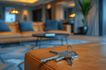 Obraz premium Modern Apartment Living Room with House Keys on Table, Real Estate and Mortgage Concept