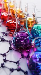 Colorful laboratory glassware with various chemicals arranged on a molecular structure model, representing scientific research and experimentation.
