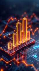 Futuristic digital bar graph representing financial data and market trends with glowing neon lights and technological interface.
