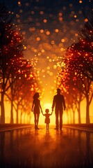 Fototapeta premium Silhouette of a family holding hands, walking under a canopy of lights in a serene, autumn-lit pathway at sunset.